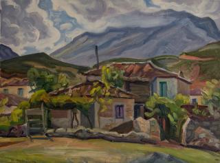 Davlia, Houses, Mountains and Clouds — Oil painting, Canvas, 46.00×61.00cm — Theodoros Markellos
